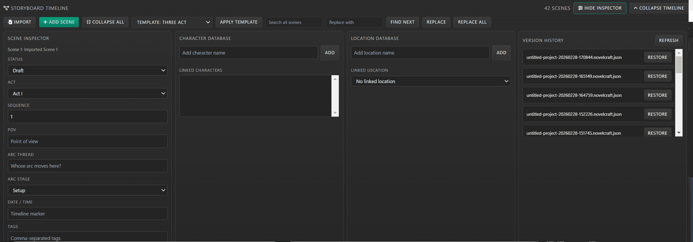 Inspector and metadata panel in NovelCraft Pro