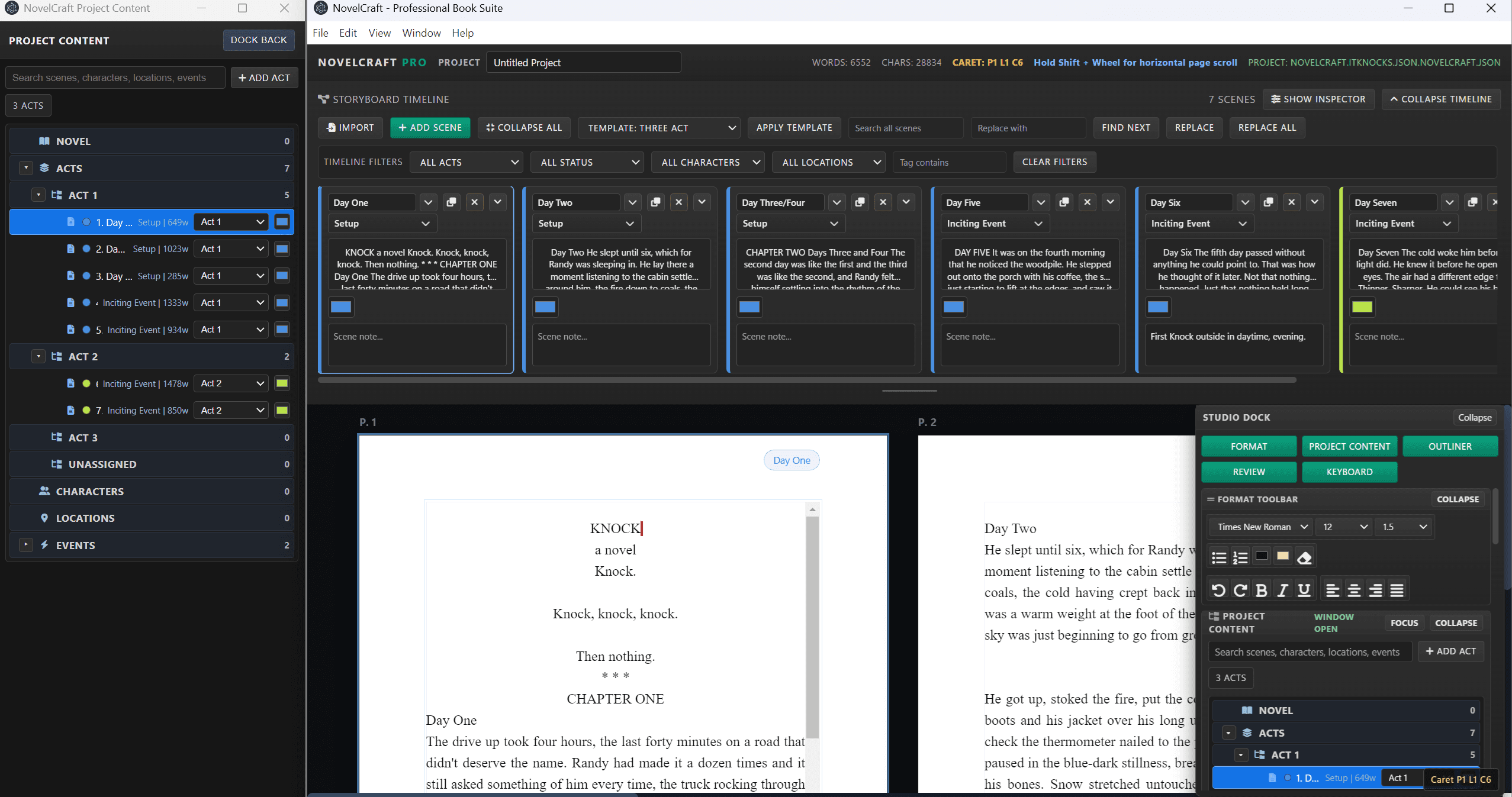 NovelCraft Pro overview with timeline and writing canvas